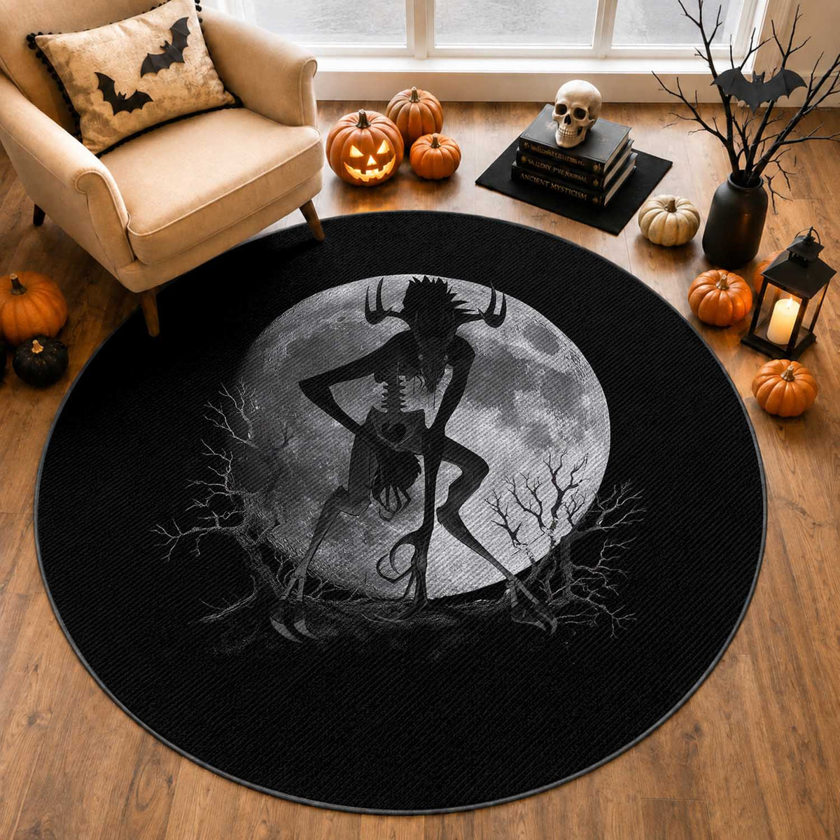 Wendigo Round Rug Cryptid Horror Moon Mythical Creature Halloween