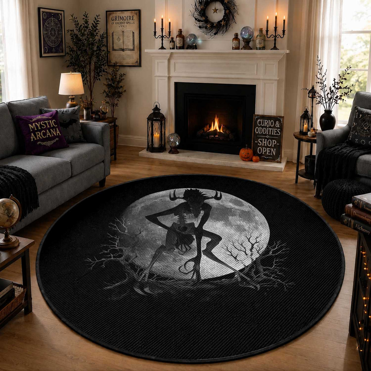 Wendigo Round Rug Cryptid Horror Moon Mythical Creature Halloween