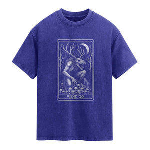 Wendigo Washed Cotton T-Shirt Tarot Card Horror Cryptid Occult Dark Fantasy TS10 Indigo Blue Print Your Wear