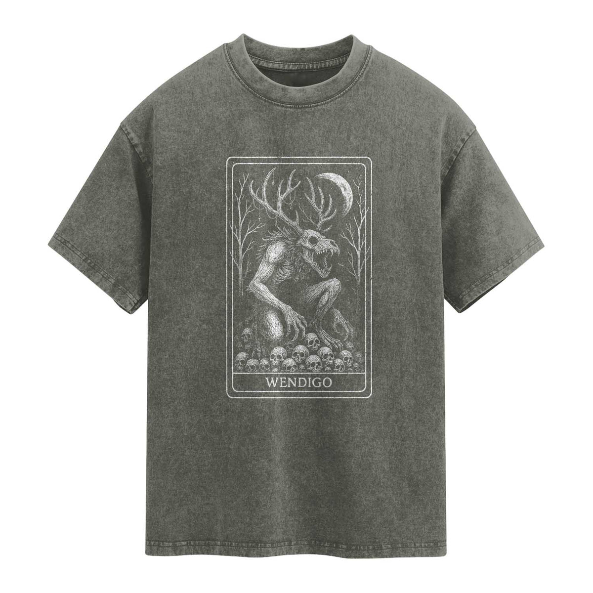 Wendigo Washed Cotton T-Shirt Tarot Card Horror Cryptid Occult Dark Fantasy TS10 Olive Green Print Your Wear