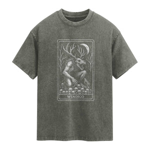Wendigo Washed Cotton T-Shirt Tarot Card Horror Cryptid Occult Dark Fantasy TS10 Olive Green Print Your Wear