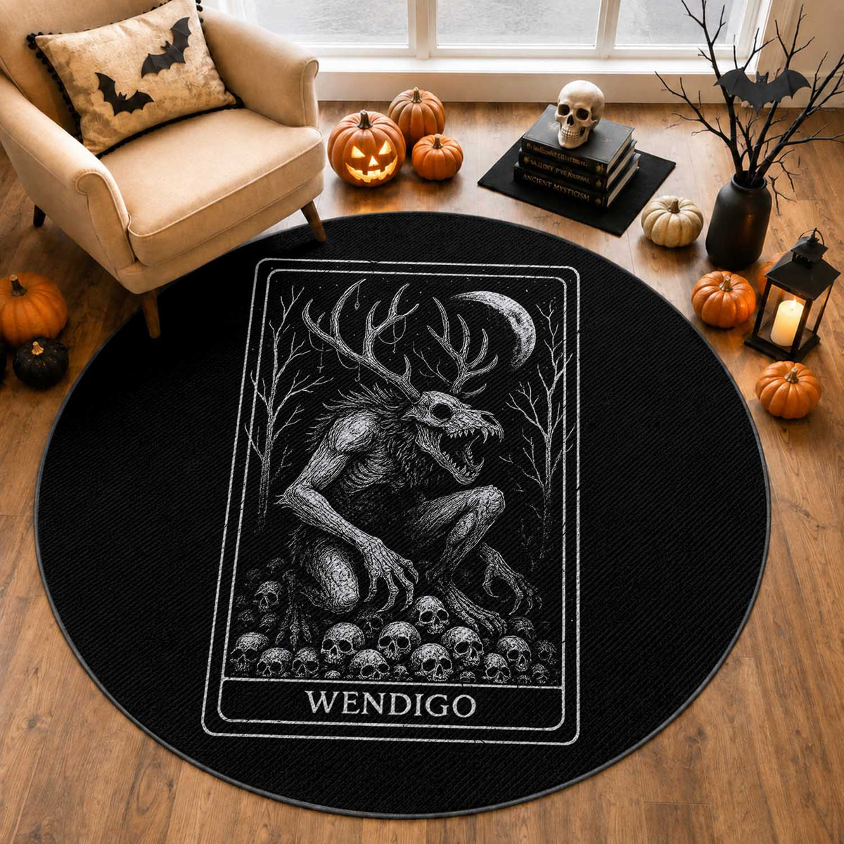Wendigo Round Rug Tarot Card Horror Cryptid Occult Dark Fantasy