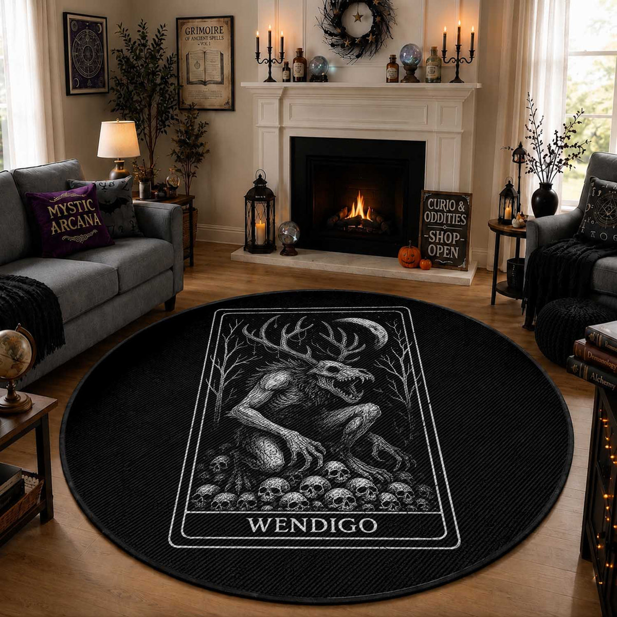 Wendigo Round Rug Tarot Card Horror Cryptid Occult Dark Fantasy