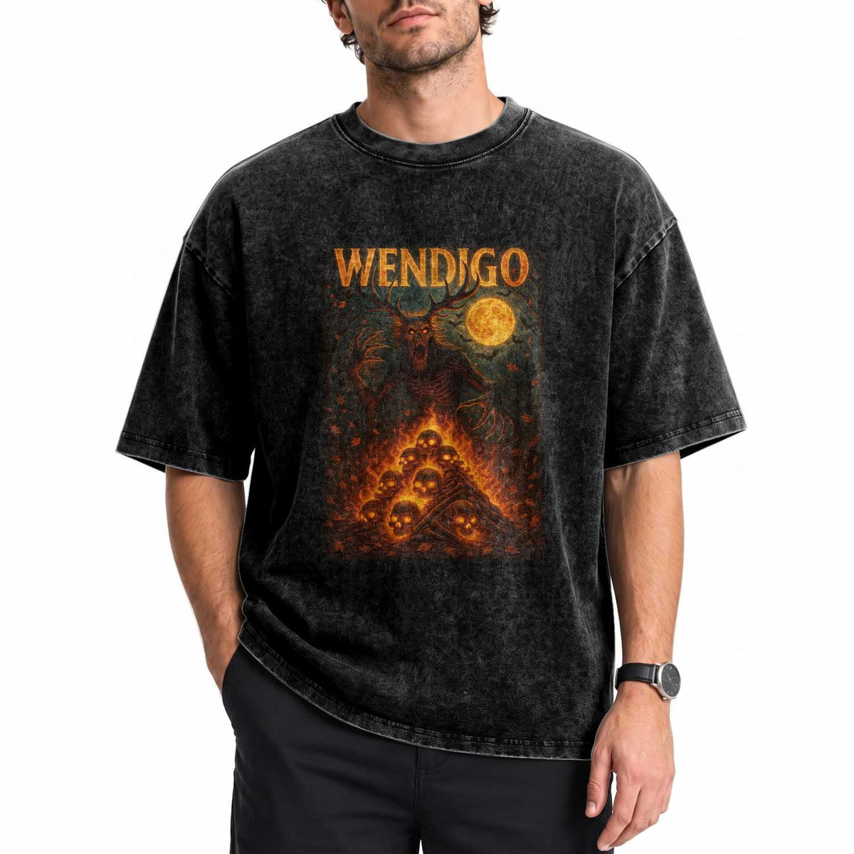 Wendigo Washed Cotton T-Shirt Halloween Cryptid Horror Mythical Creature TS10 Print Your Wear