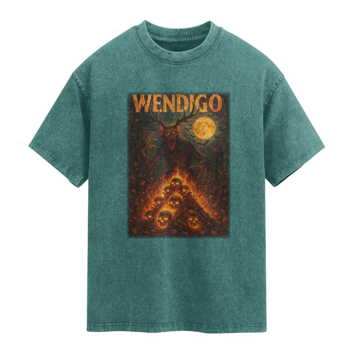 Wendigo Washed Cotton T-Shirt Halloween Cryptid Horror Mythical Creature TS10 Teal Green Print Your Wear
