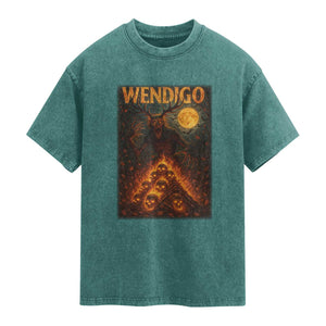 Wendigo Washed Cotton T-Shirt Halloween Cryptid Horror Mythical Creature TS10 Teal Green Print Your Wear