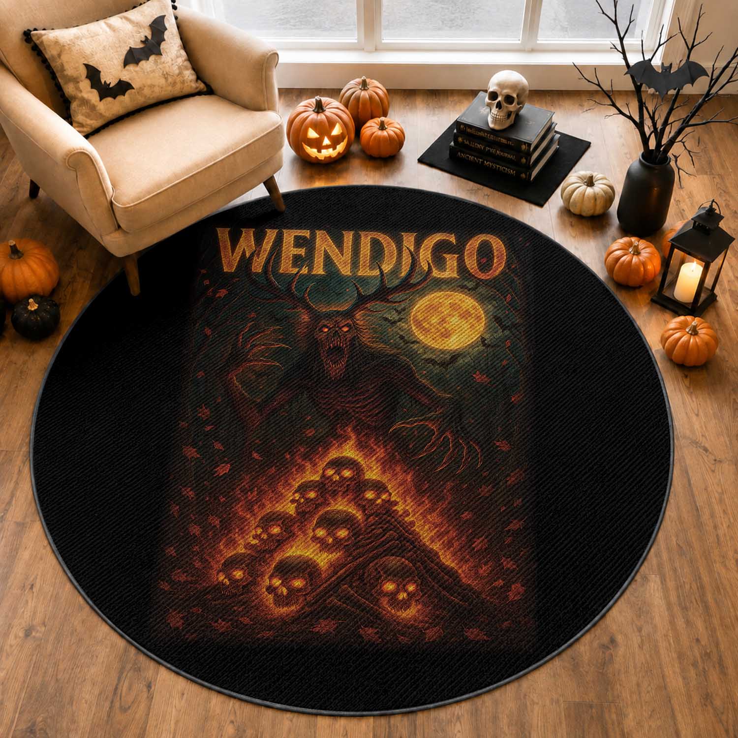Wendigo Round Rug Halloween Cryptid Horror Mythical Creature