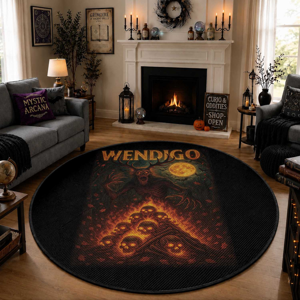 Wendigo Round Rug Halloween Cryptid Horror Mythical Creature