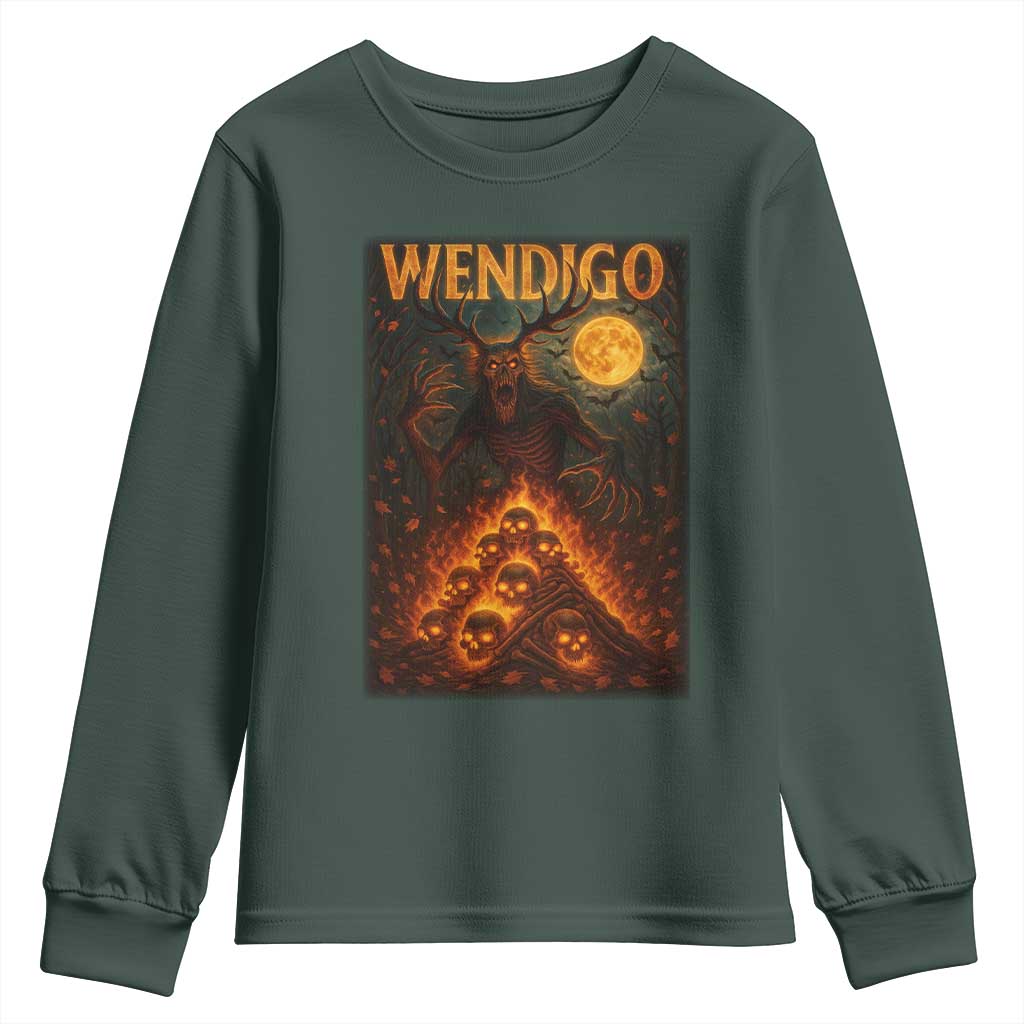 Wendigo Youth Sweatshirt Halloween Cryptid Horror Mythical Creature TS10 Dark Forest Green Print Your Wear