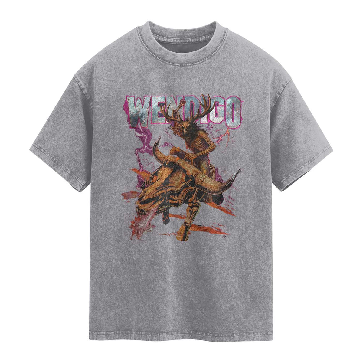 Wendigo Washed Cotton T-Shirt Riding Skeleton Cryptid Occult Dark Fantasy TS10 Slate Gray Print Your Wear