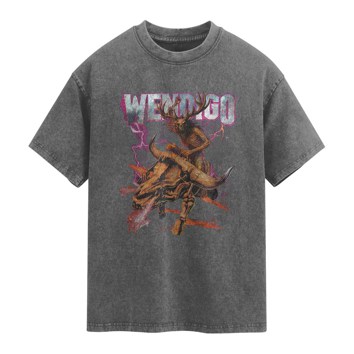 Wendigo Washed Cotton T-Shirt Riding Skeleton Cryptid Occult Dark Fantasy TS10 Charcoal Print Your Wear