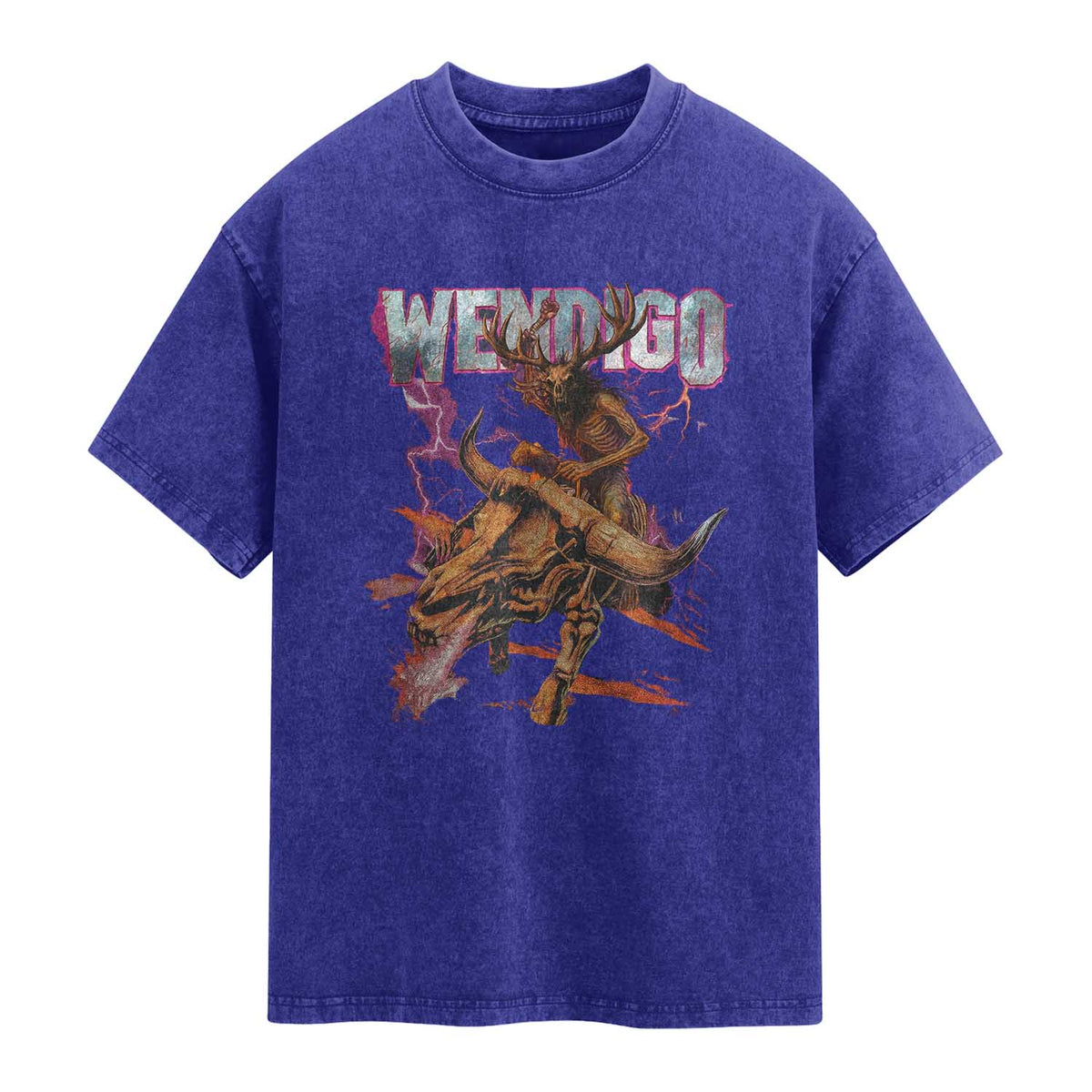 Wendigo Washed Cotton T-Shirt Riding Skeleton Cryptid Occult Dark Fantasy TS10 Indigo Blue Print Your Wear