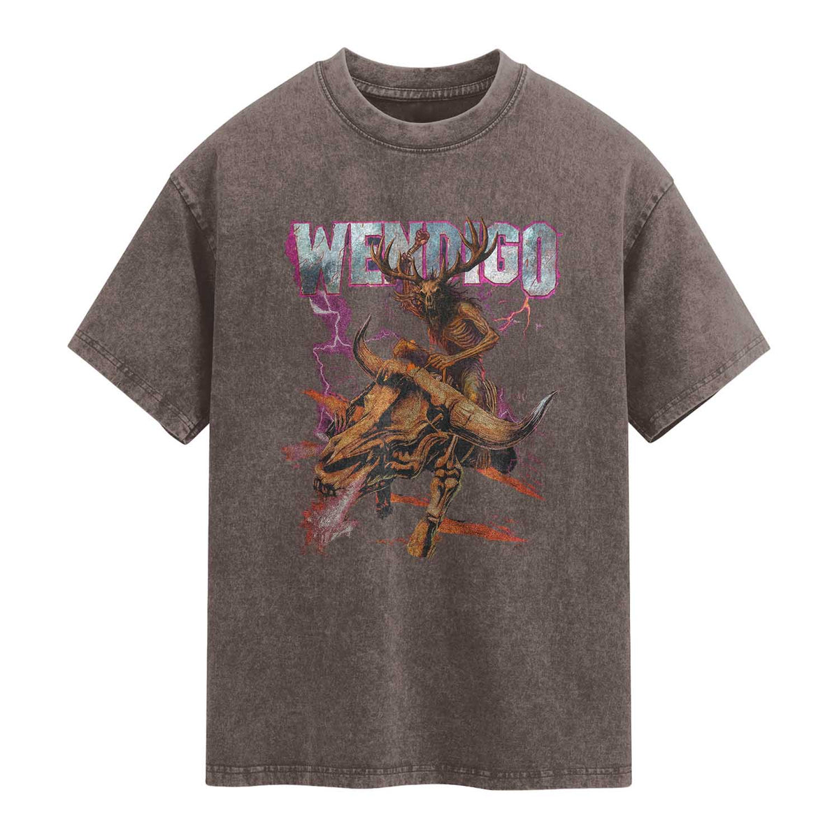 Wendigo Washed Cotton T-Shirt Riding Skeleton Cryptid Occult Dark Fantasy TS10 Brown Print Your Wear