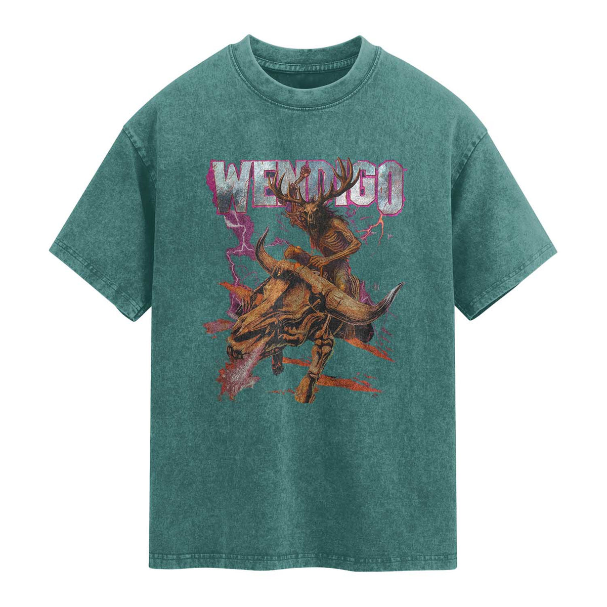 Wendigo Washed Cotton T-Shirt Riding Skeleton Cryptid Occult Dark Fantasy TS10 Teal Green Print Your Wear