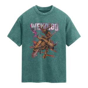 Wendigo Washed Cotton T-Shirt Riding Skeleton Cryptid Occult Dark Fantasy TS10 Teal Green Print Your Wear