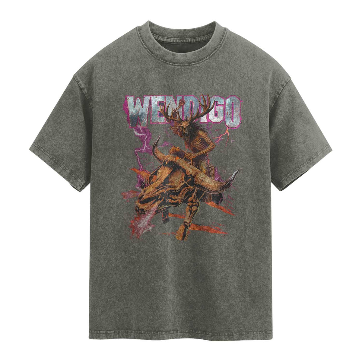 Wendigo Washed Cotton T-Shirt Riding Skeleton Cryptid Occult Dark Fantasy TS10 Olive Green Print Your Wear