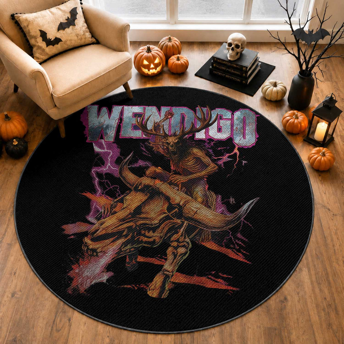 Wendigo Round Rug Riding Skeleton Cryptid Occult Dark Fantasy