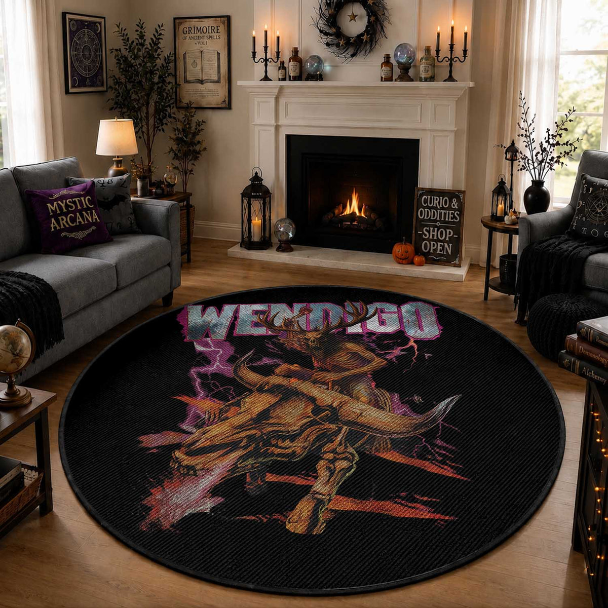 Wendigo Round Rug Riding Skeleton Cryptid Occult Dark Fantasy