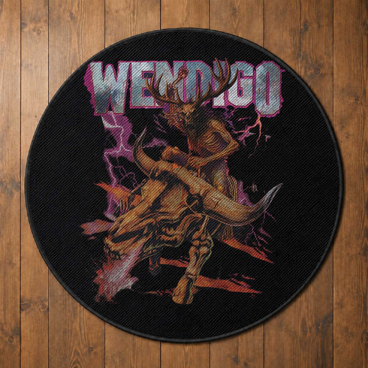 Wendigo Round Rug Riding Skeleton Cryptid Occult Dark Fantasy