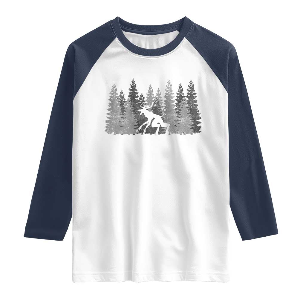 Wendigo Raglan Shirt Mountain Trees Cryptid Occult Dark Fantasy TS10 White Navy Print Your Wear