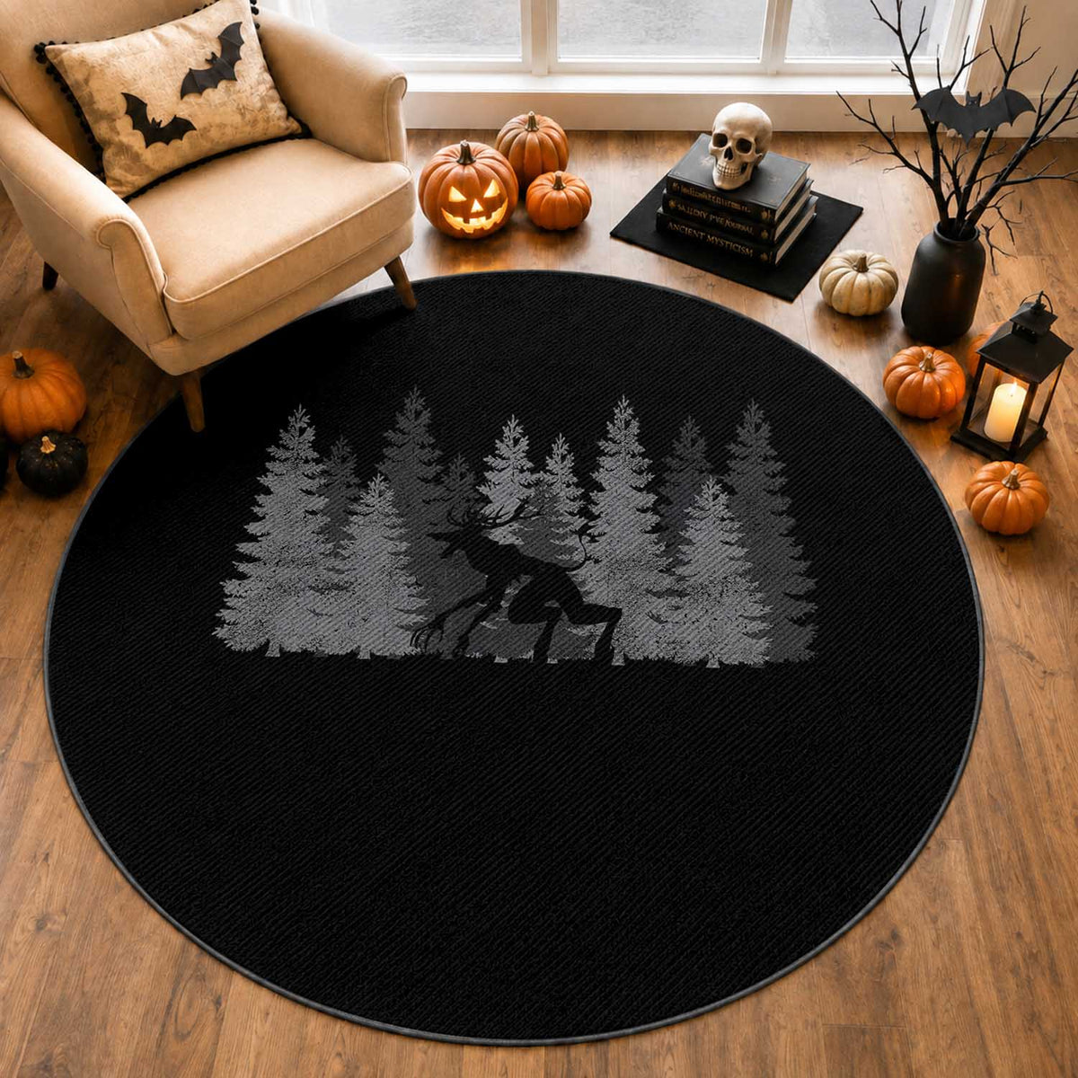 Wendigo Round Rug Mountain Trees Cryptid Occult Dark Fantasy