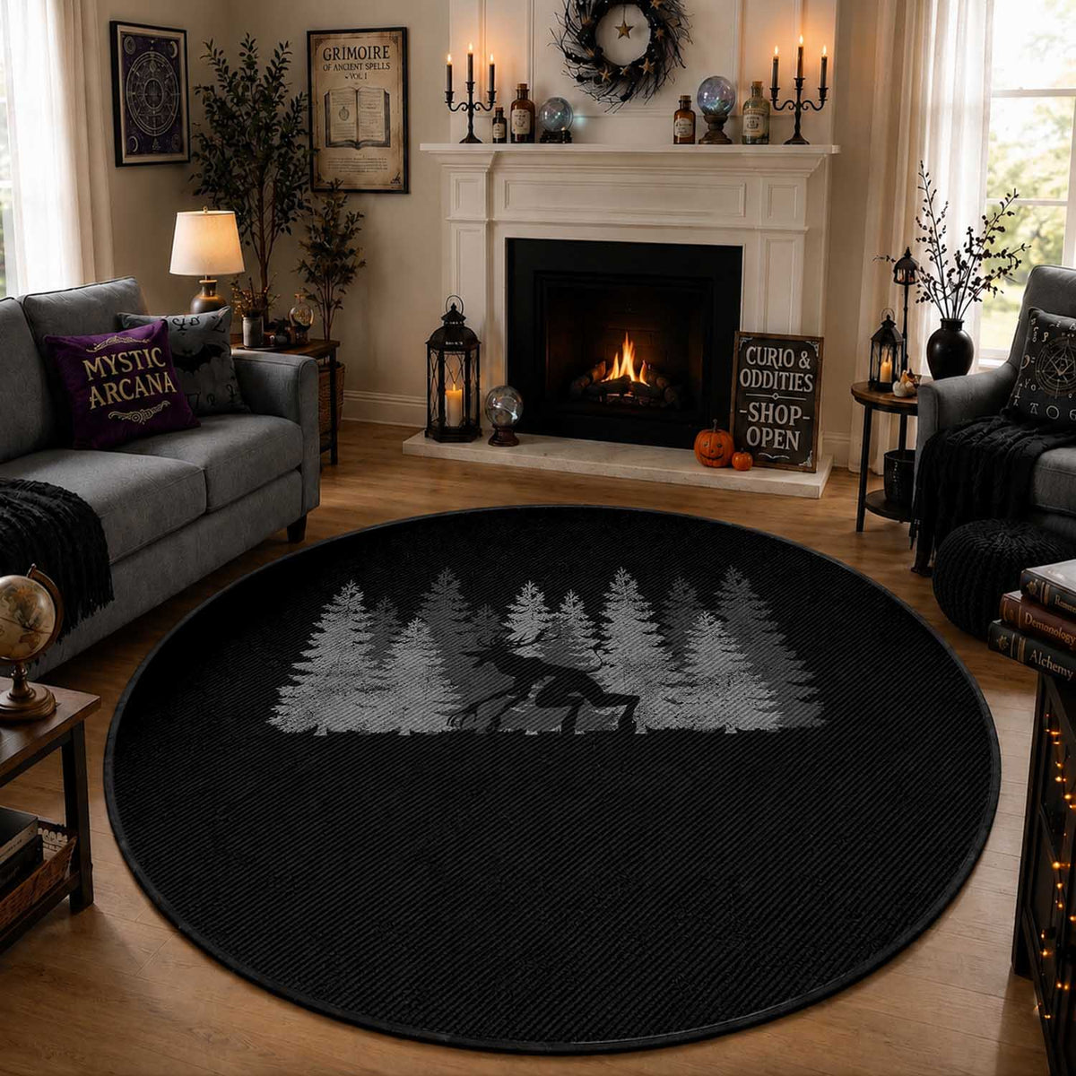 Wendigo Round Rug Mountain Trees Cryptid Occult Dark Fantasy