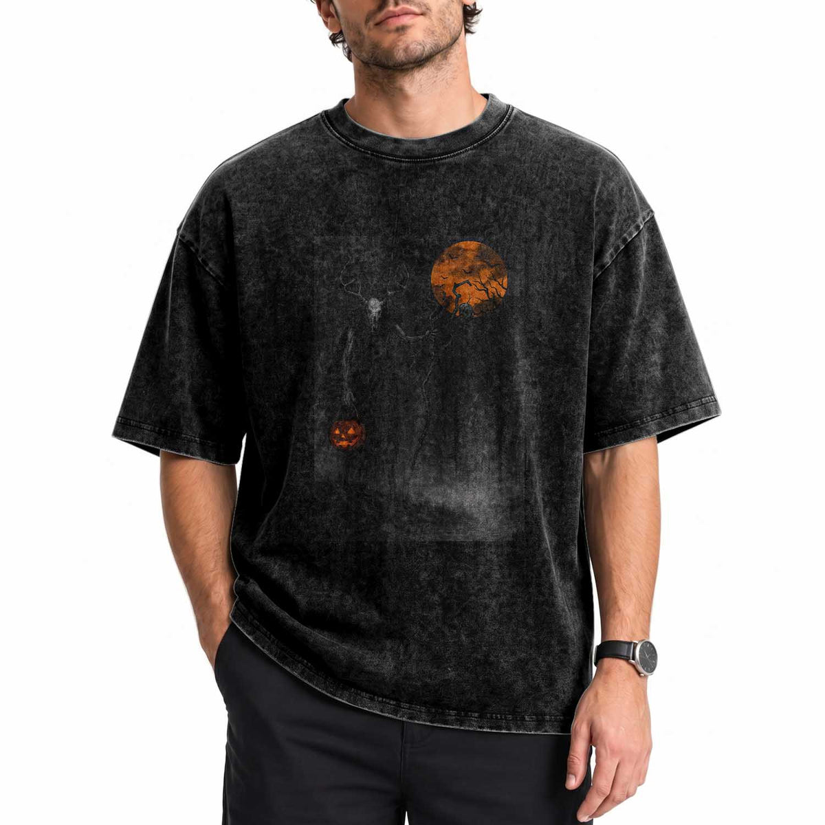 Halloween Wendigo Washed Cotton T-Shirt Scary Pumpkin Moon TS10 Print Your Wear