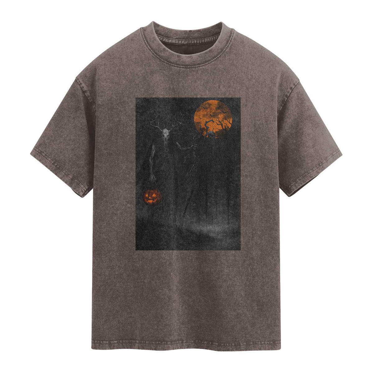 Halloween Wendigo Washed Cotton T-Shirt Scary Pumpkin Moon TS10 Brown Print Your Wear
