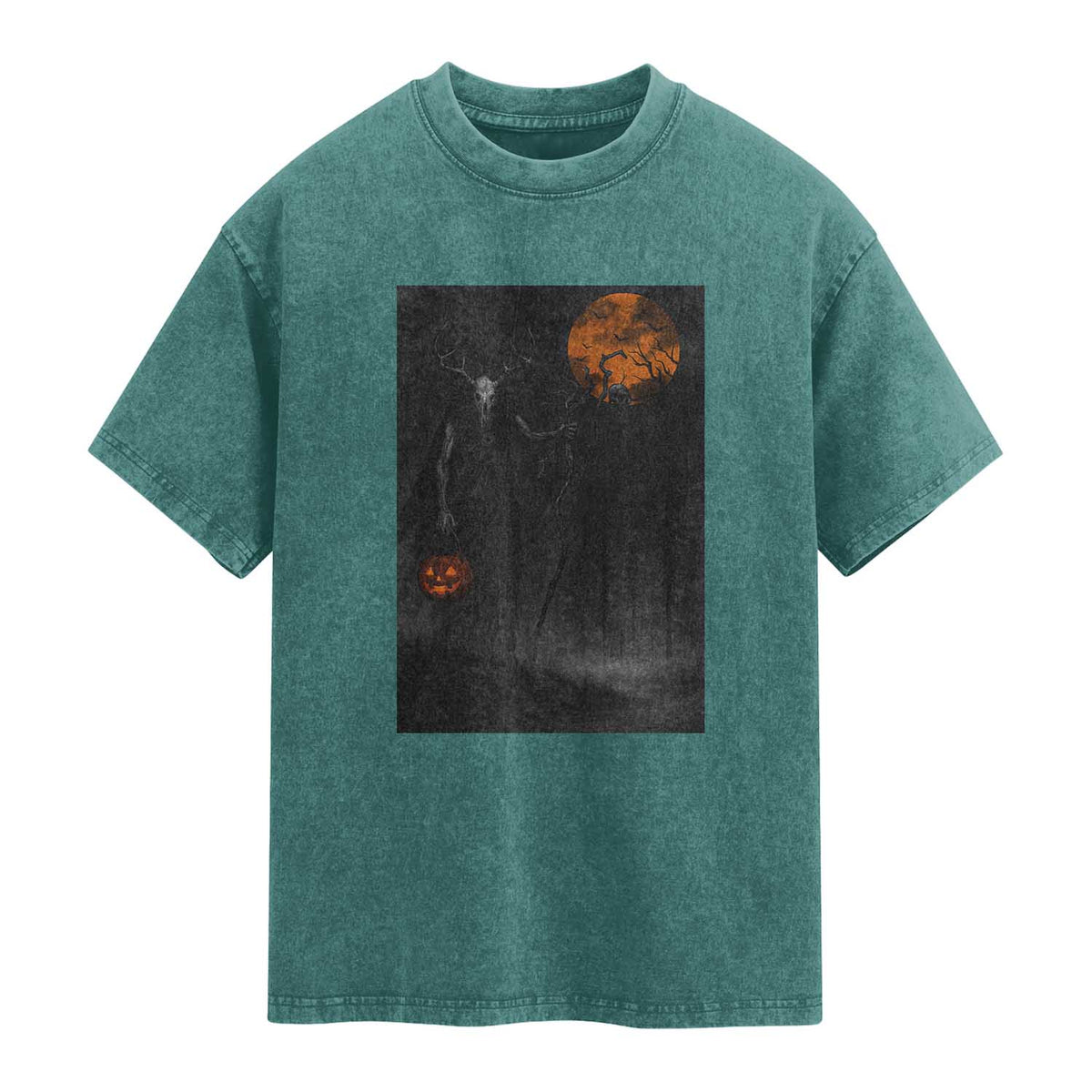 Halloween Wendigo Washed Cotton T-Shirt Scary Pumpkin Moon TS10 Teal Green Print Your Wear