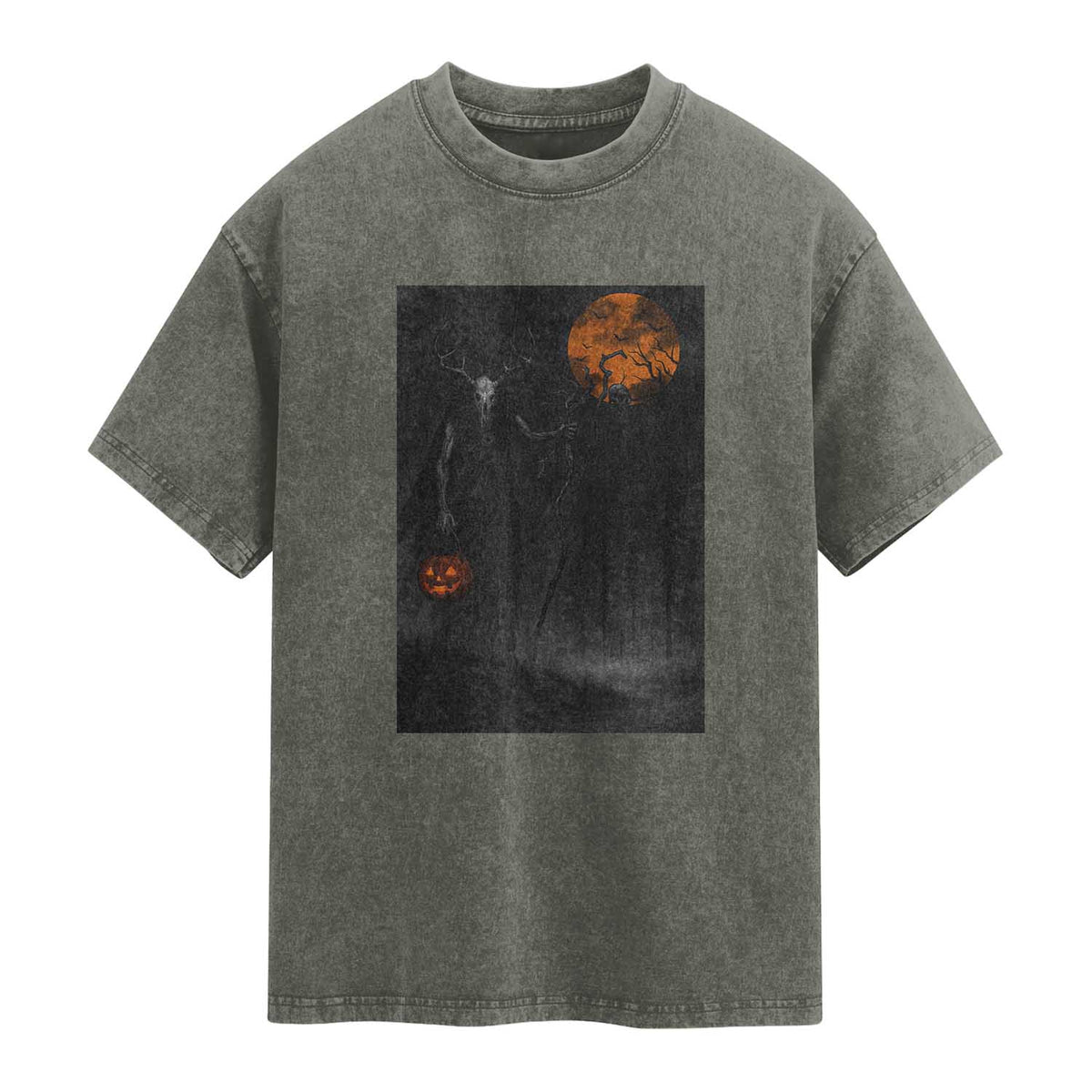 Halloween Wendigo Washed Cotton T-Shirt Scary Pumpkin Moon TS10 Olive Green Print Your Wear