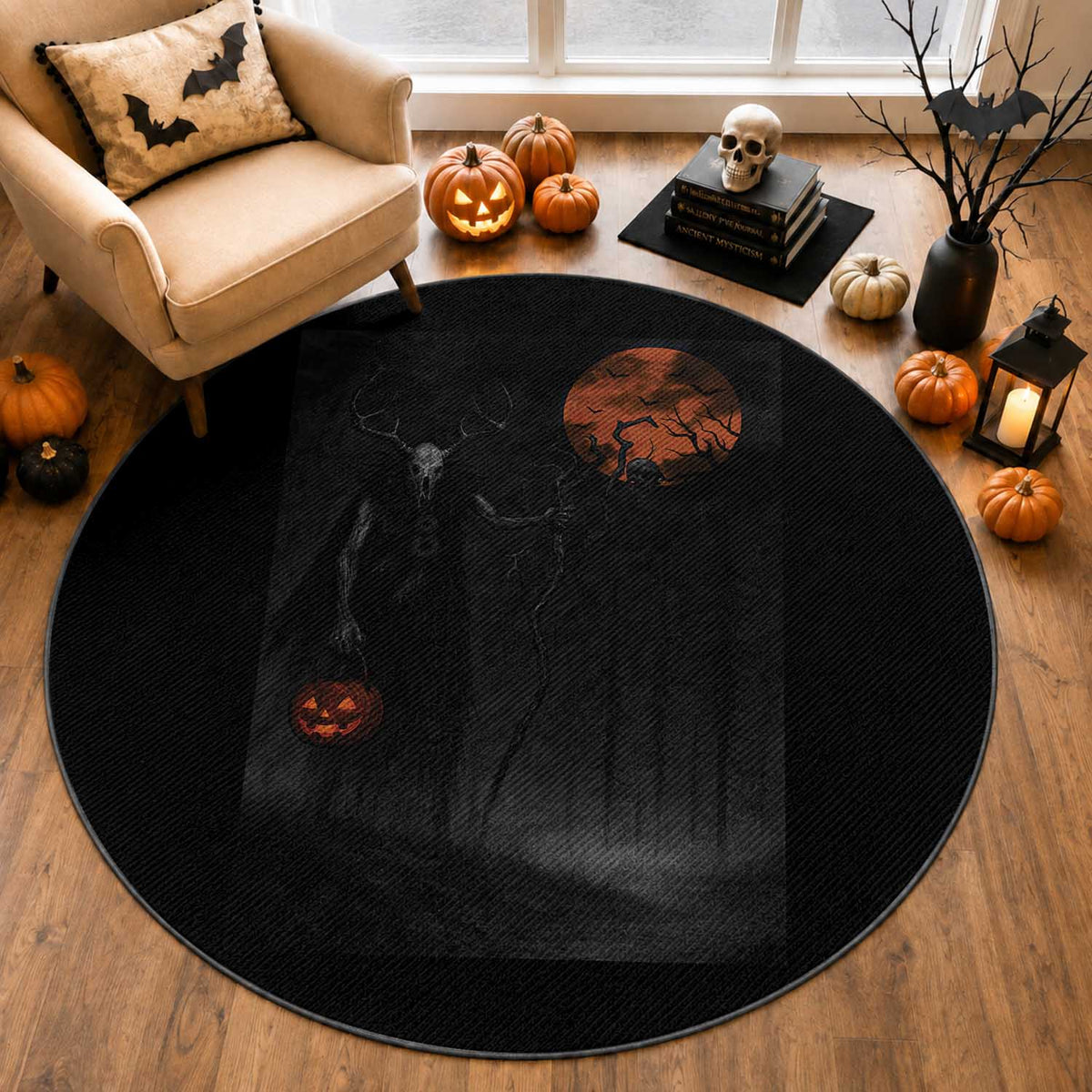 Halloween Wendigo Round Rug Scary Pumpkin Moon
