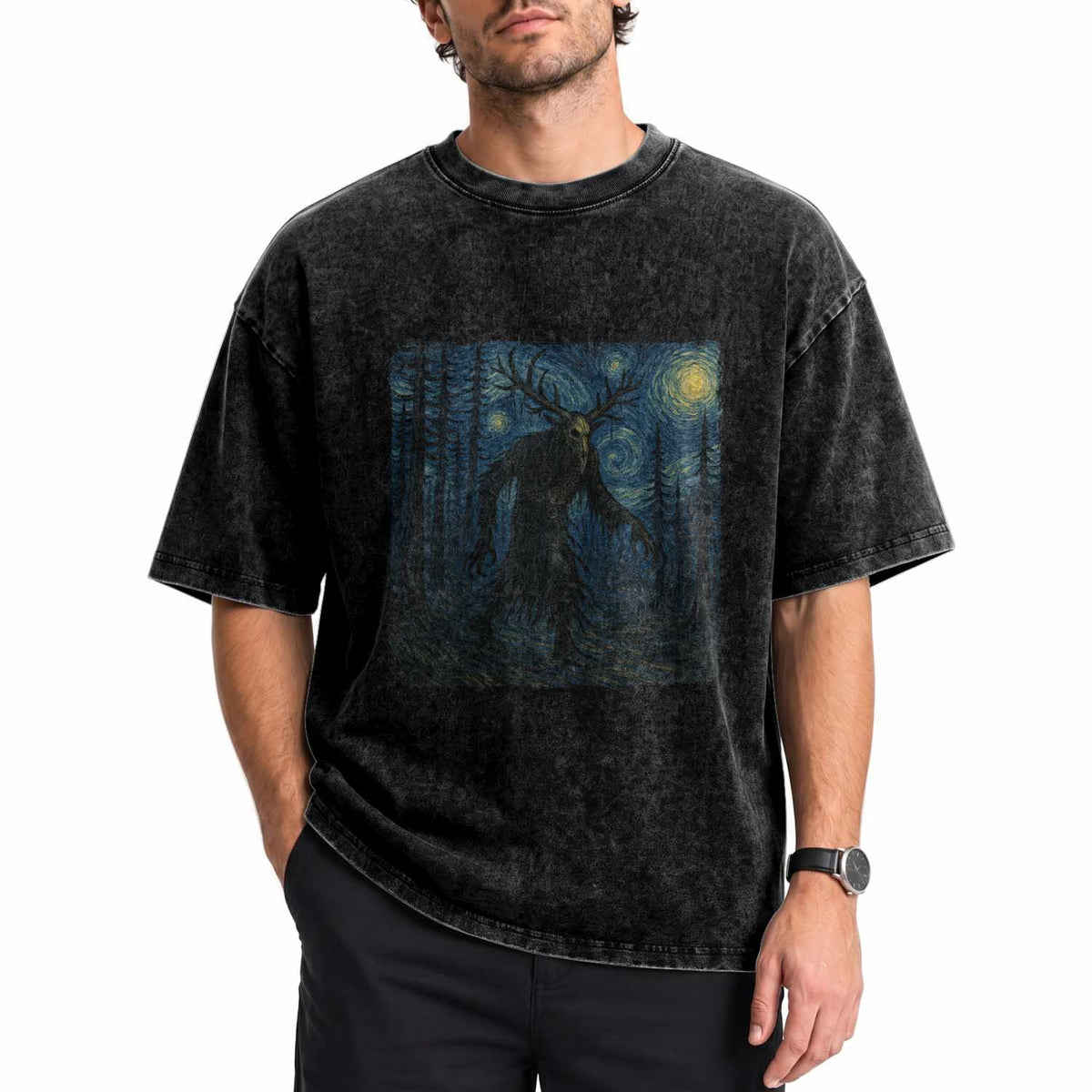 Wendigo Starry Night Washed Cotton T-Shirt Van Gogh Dark Fantasy Cryptid Lovers TS10 Print Your Wear