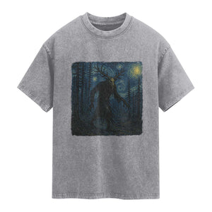 Wendigo Starry Night Washed Cotton T-Shirt Van Gogh Dark Fantasy Cryptid Lovers TS10 Slate Gray Print Your Wear