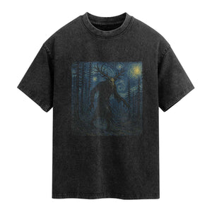 Wendigo Starry Night Washed Cotton T-Shirt Van Gogh Dark Fantasy Cryptid Lovers TS10 Black Print Your Wear