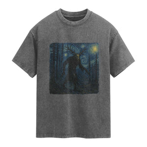 Wendigo Starry Night Washed Cotton T-Shirt Van Gogh Dark Fantasy Cryptid Lovers TS10 Charcoal Print Your Wear