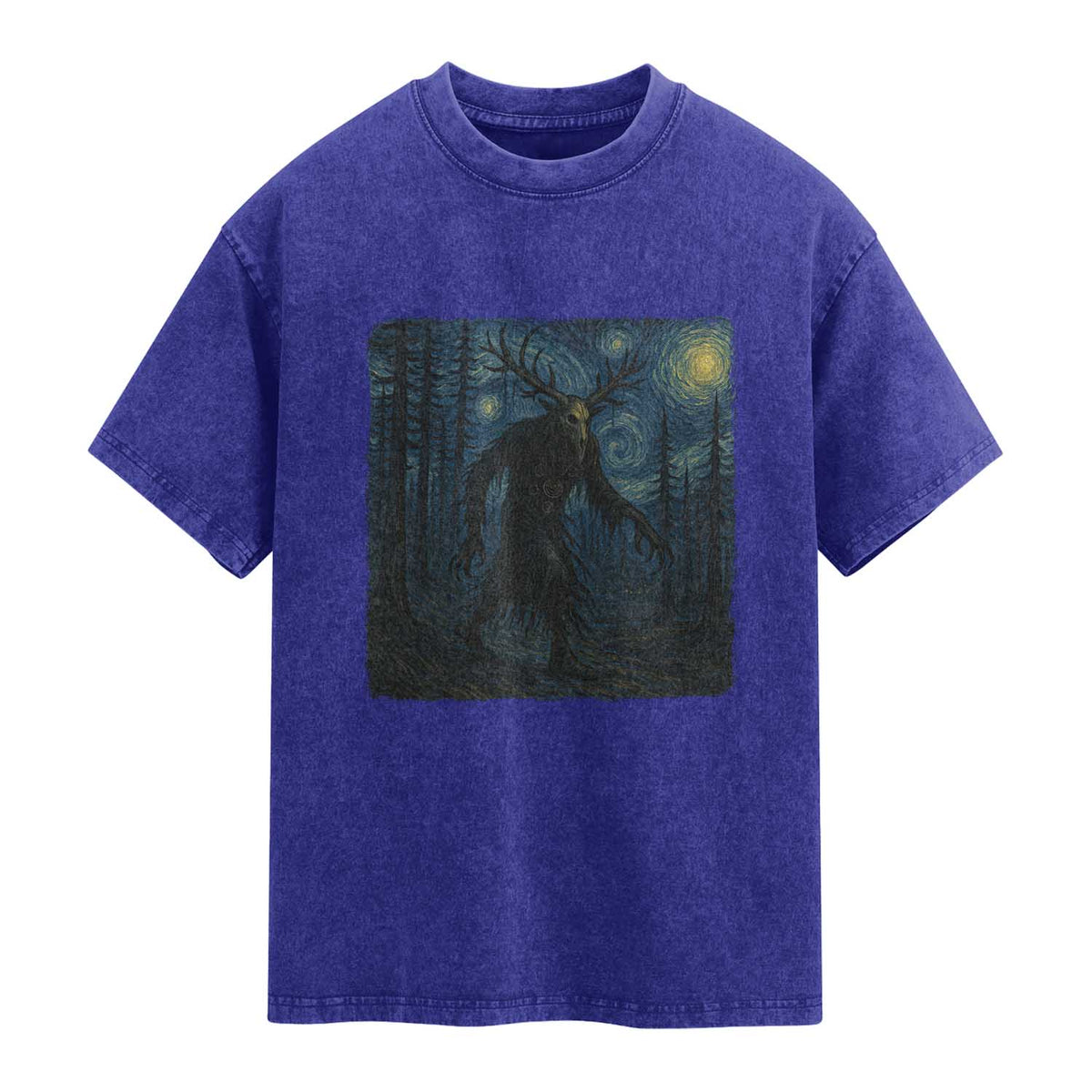 Wendigo Starry Night Washed Cotton T-Shirt Van Gogh Dark Fantasy Cryptid Lovers TS10 Indigo Blue Print Your Wear