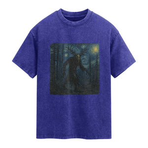 Wendigo Starry Night Washed Cotton T-Shirt Van Gogh Dark Fantasy Cryptid Lovers TS10 Indigo Blue Print Your Wear