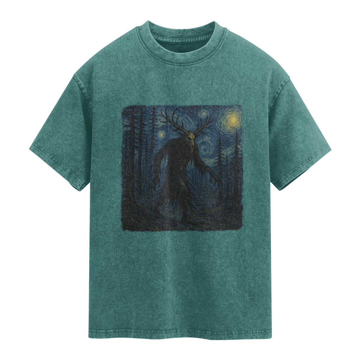 Wendigo Starry Night Washed Cotton T-Shirt Van Gogh Dark Fantasy Cryptid Lovers TS10 Teal Green Print Your Wear