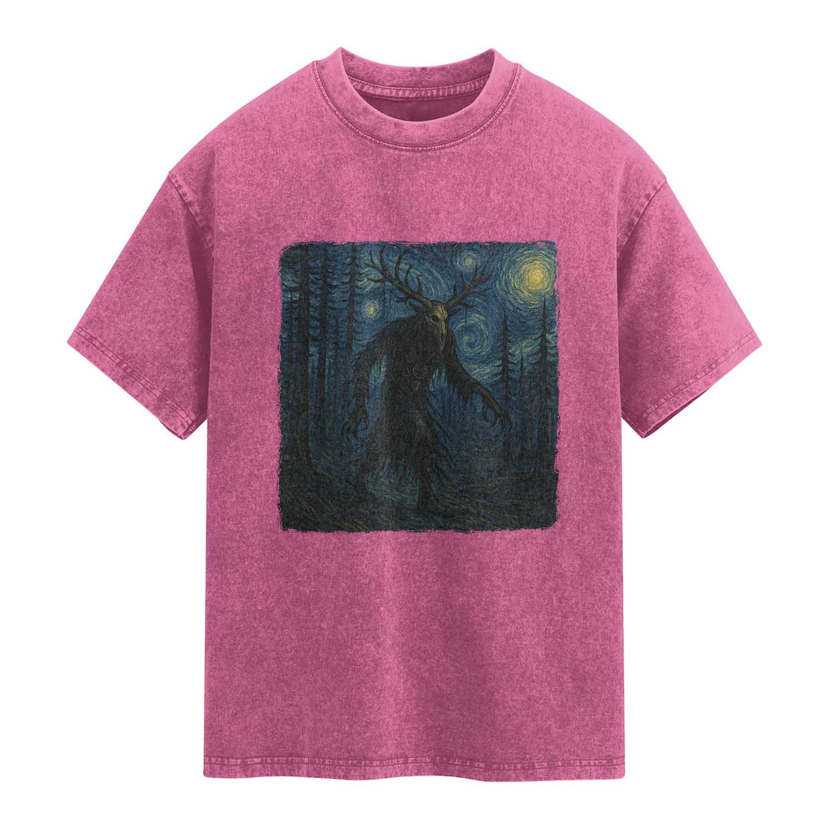 Wendigo Starry Night Washed Cotton T-Shirt Van Gogh Dark Fantasy Cryptid Lovers TS10 Magenta Print Your Wear