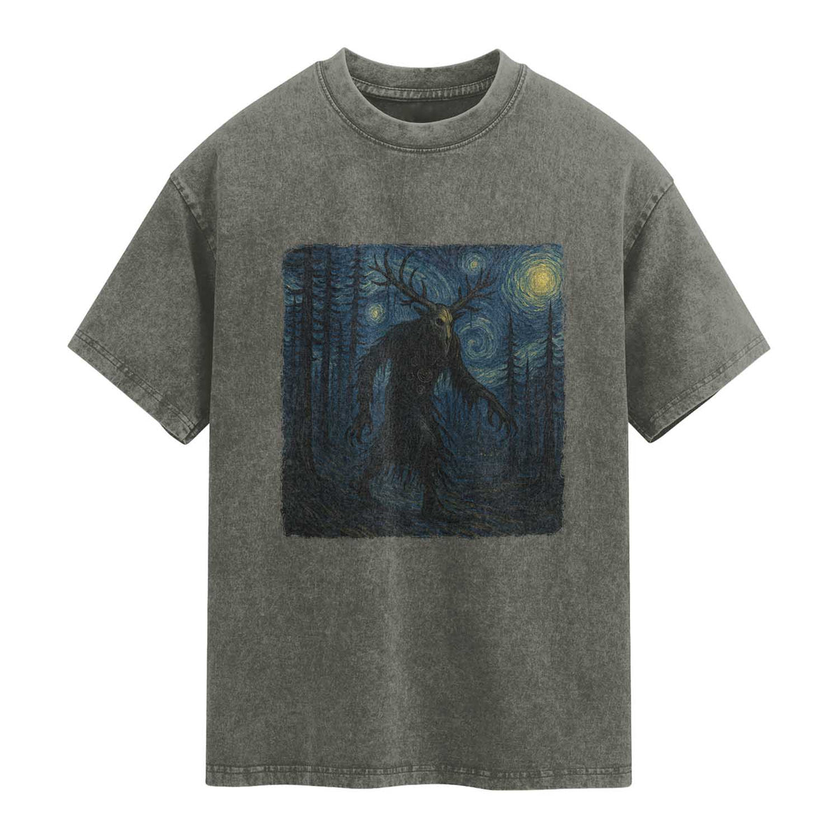 Wendigo Starry Night Washed Cotton T-Shirt Van Gogh Dark Fantasy Cryptid Lovers TS10 Olive Green Print Your Wear