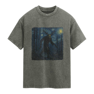 Wendigo Starry Night Washed Cotton T-Shirt Van Gogh Dark Fantasy Cryptid Lovers TS10 Olive Green Print Your Wear