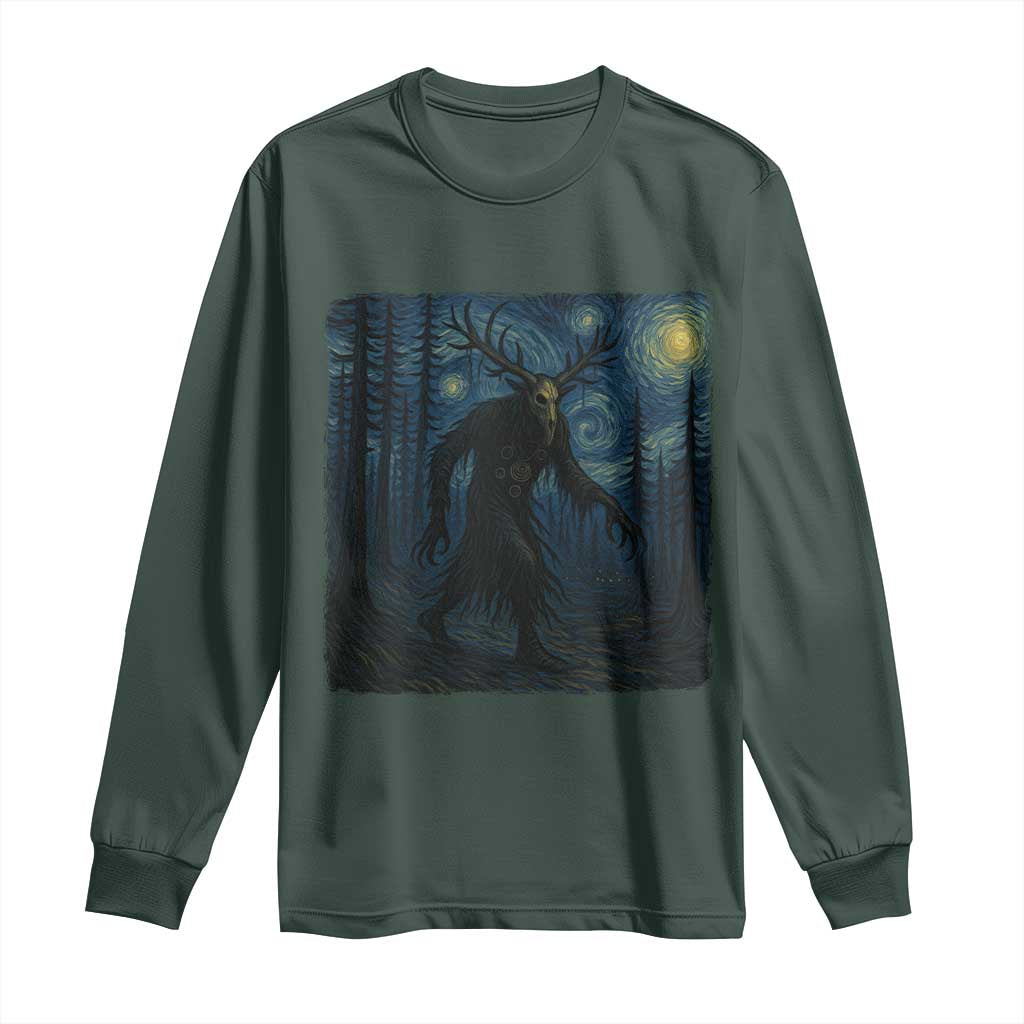 Wendigo Starry Night Long Sleeve Shirt Van Gogh Dark Fantasy Cryptid Lovers TS10 Dark Forest Green Print Your Wear