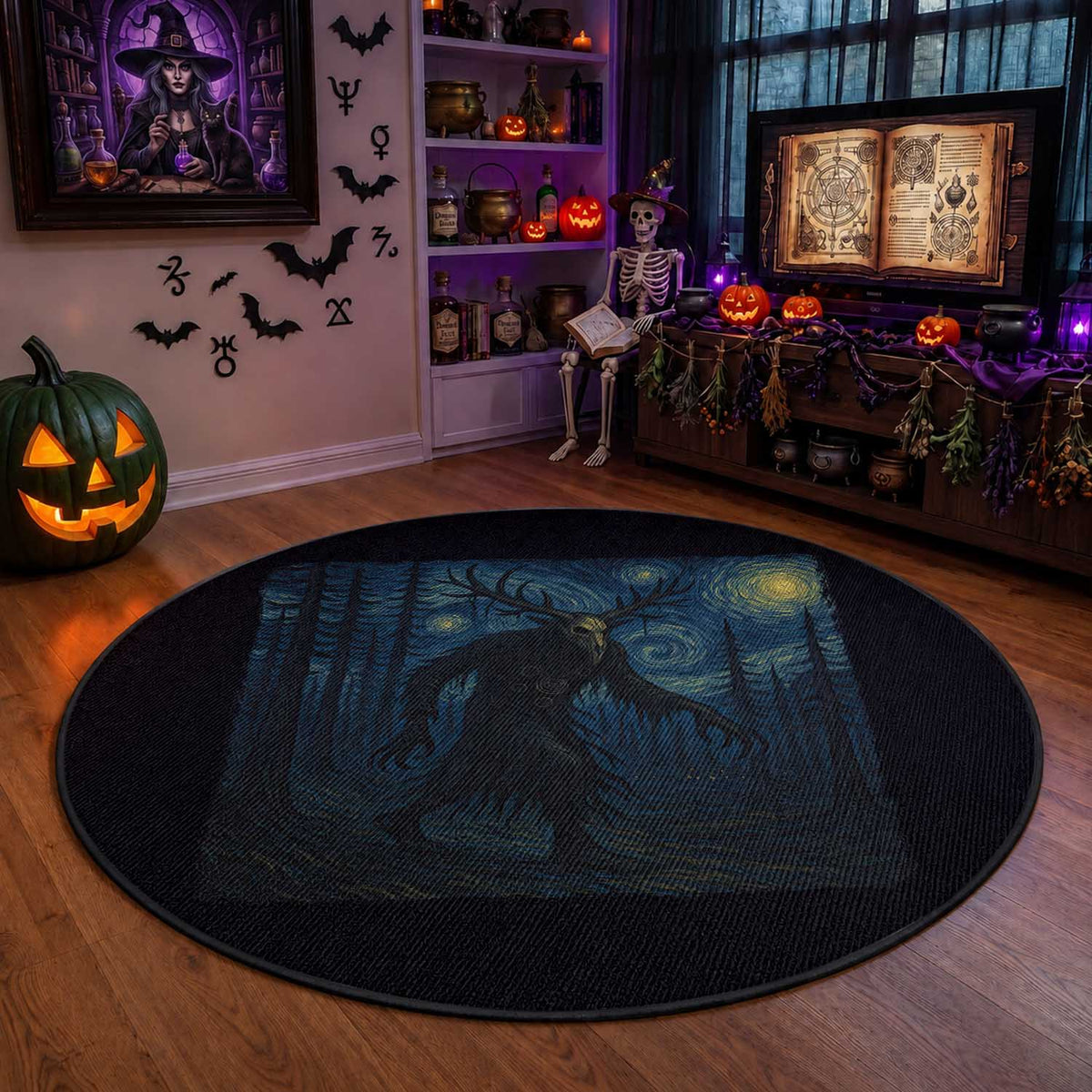 Wendigo Starry Night Round Rug Van Gogh Dark Fantasy Cryptid Lovers