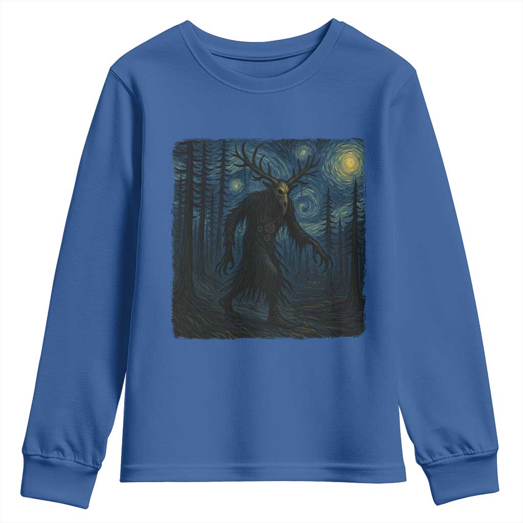Wendigo Starry Night Youth Sweatshirt Van Gogh Dark Fantasy Cryptid Lovers TS10 Royal Blue Print Your Wear