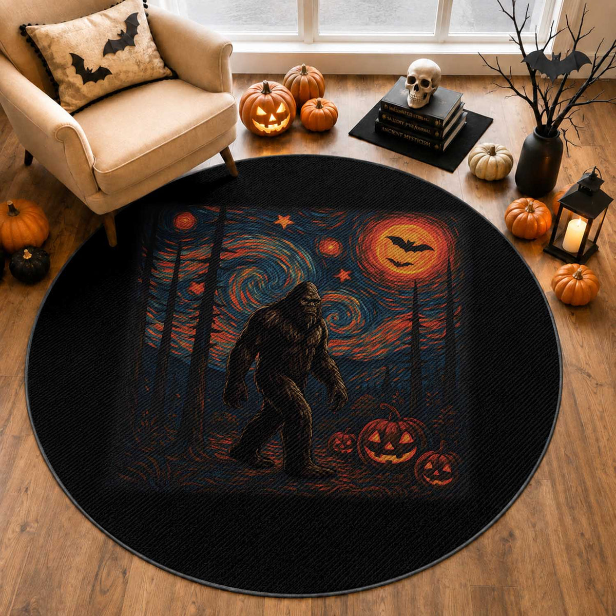 Bigfoot Starry Night Round Rug Funny Halloween Van Gogh Sasquatch Lovers
