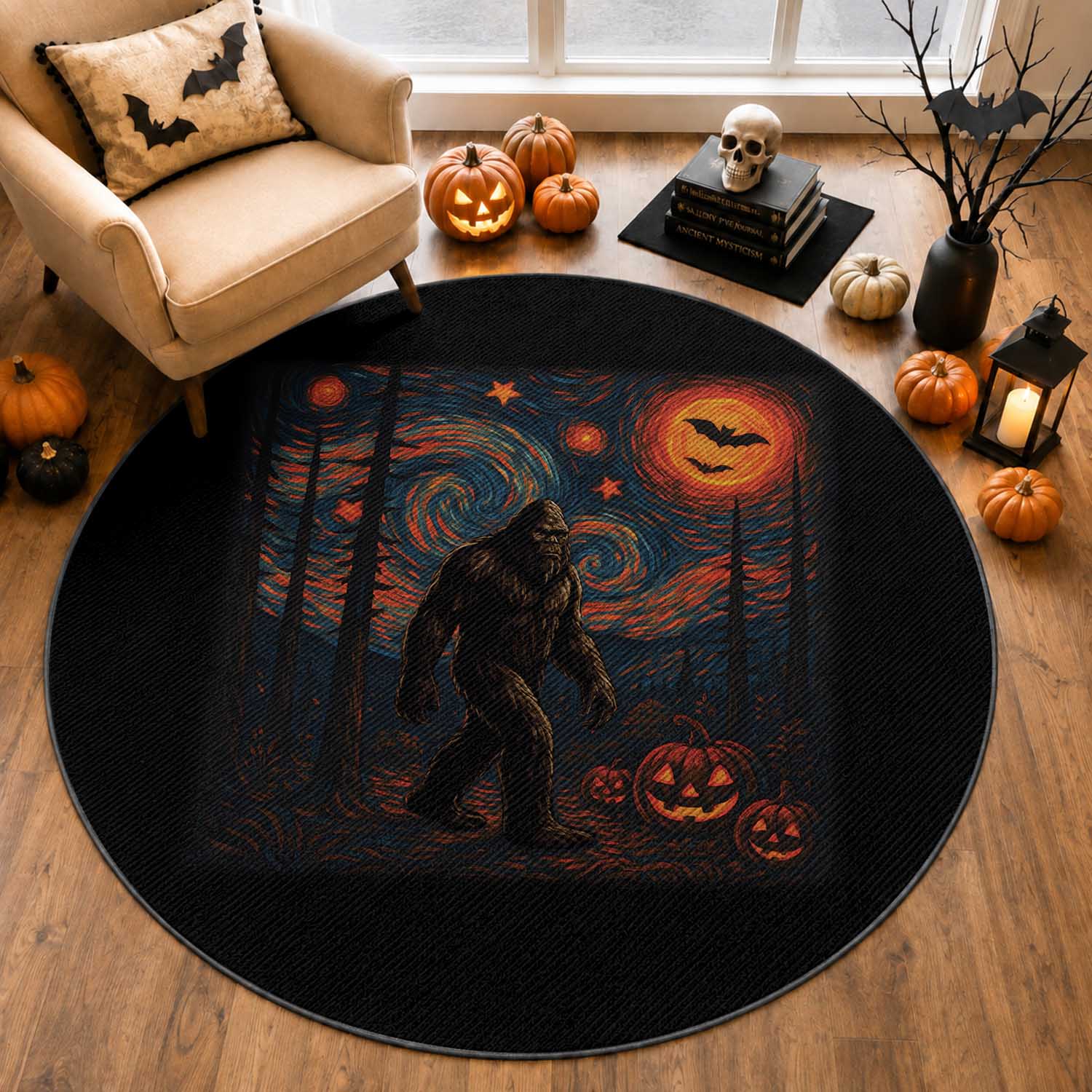 Bigfoot Starry Night Round Rug Funny Halloween Van Gogh Sasquatch Lovers