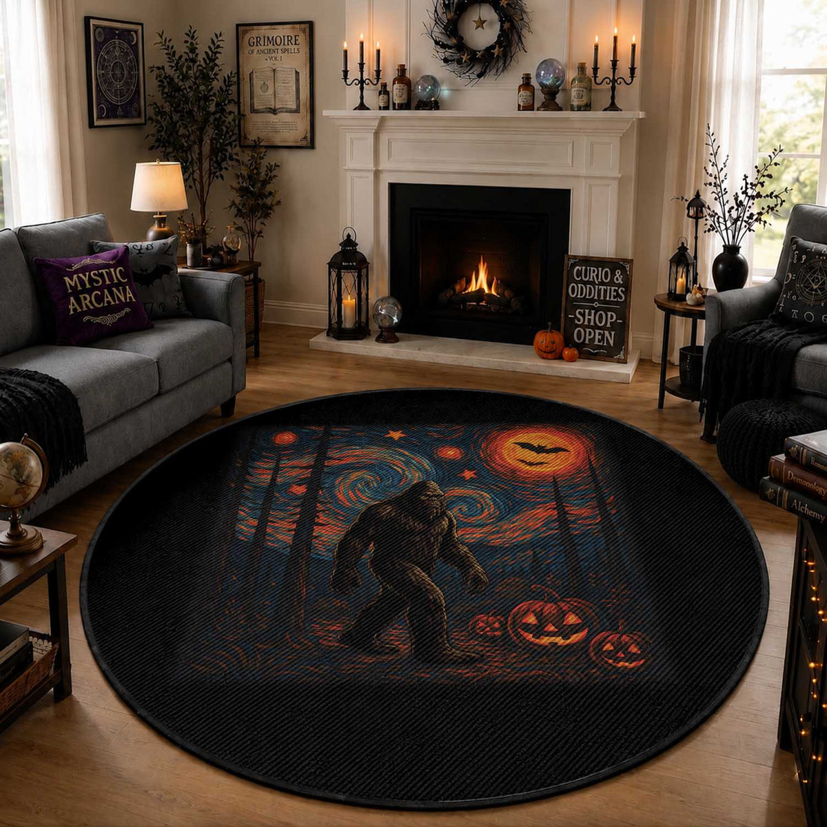 Bigfoot Starry Night Round Rug Funny Halloween Van Gogh Sasquatch Lovers