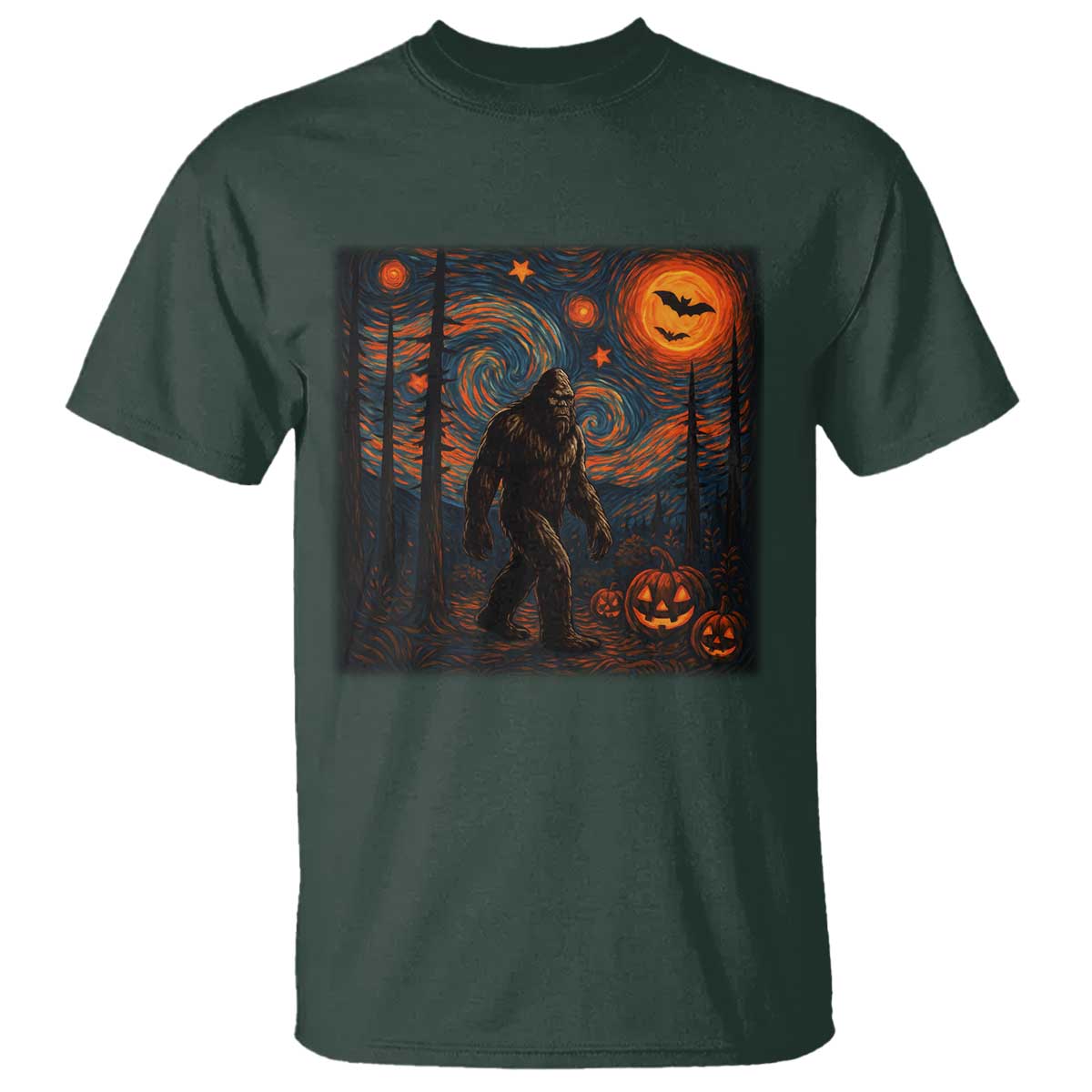 Bigfoot Starry Night T Shirt Funny Halloween Van Gogh Sasquatch Lovers TS10 Dark Forest Green Print Your Wear