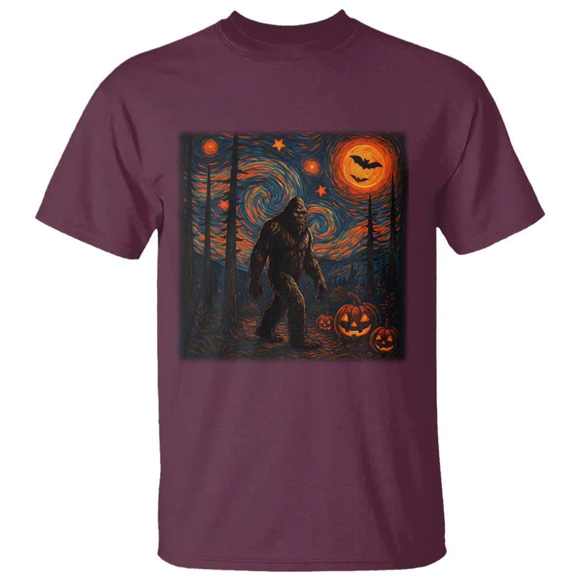 Bigfoot Starry Night T Shirt Funny Halloween Van Gogh Sasquatch Lovers TS10 Maroon Print Your Wear