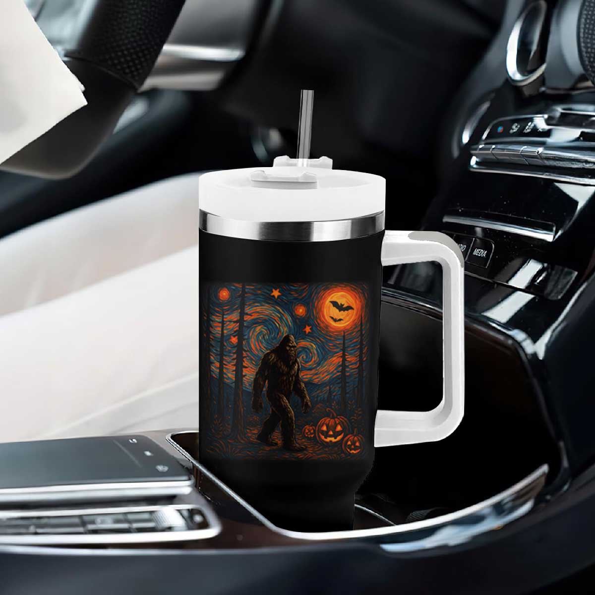 Bigfoot Starry Night Tumbler With Handle Funny Halloween Van Gogh Sasquatch Lovers TS10 Print Your Wear